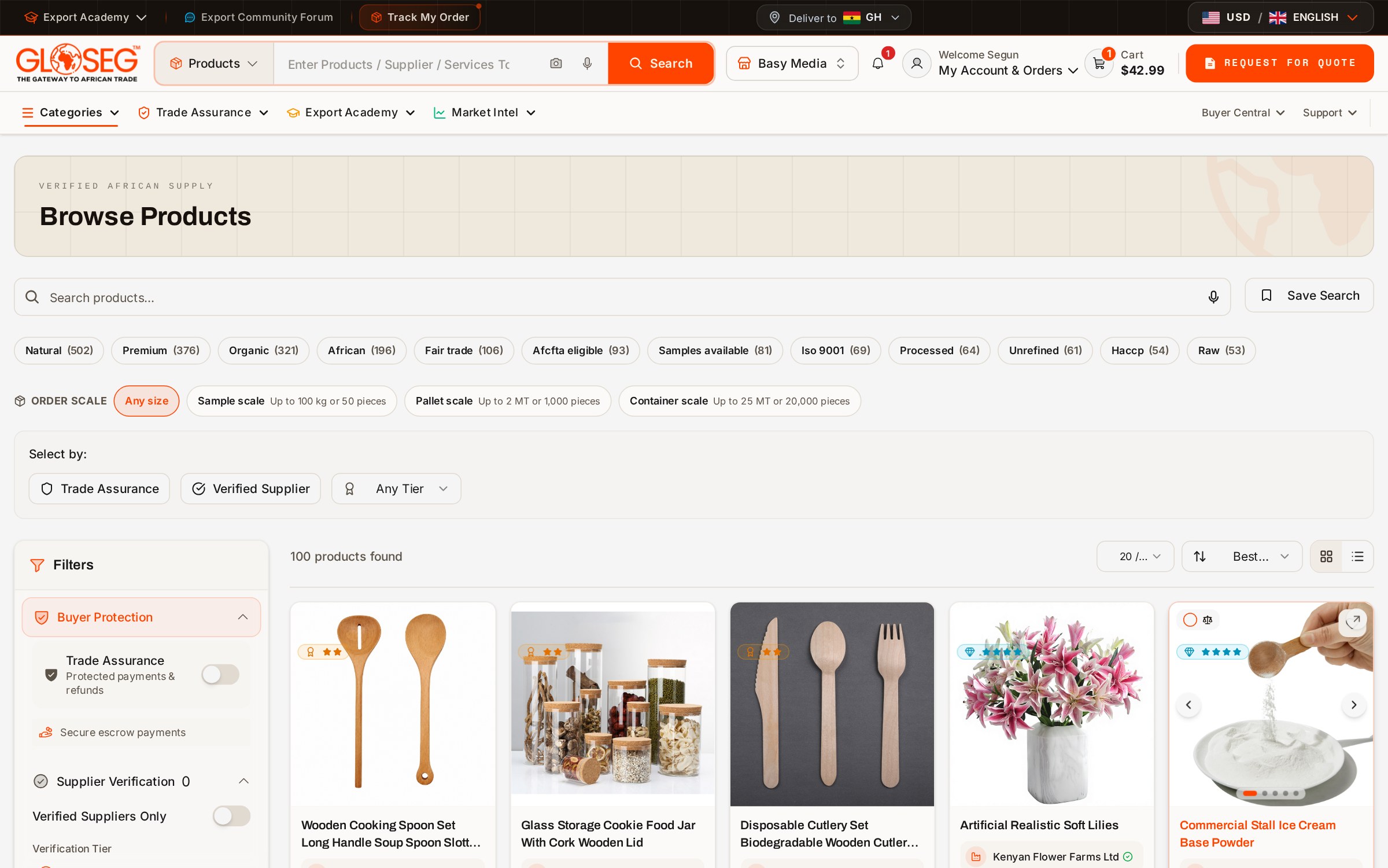 Gloseg marketplace showing verified African suppliers and products