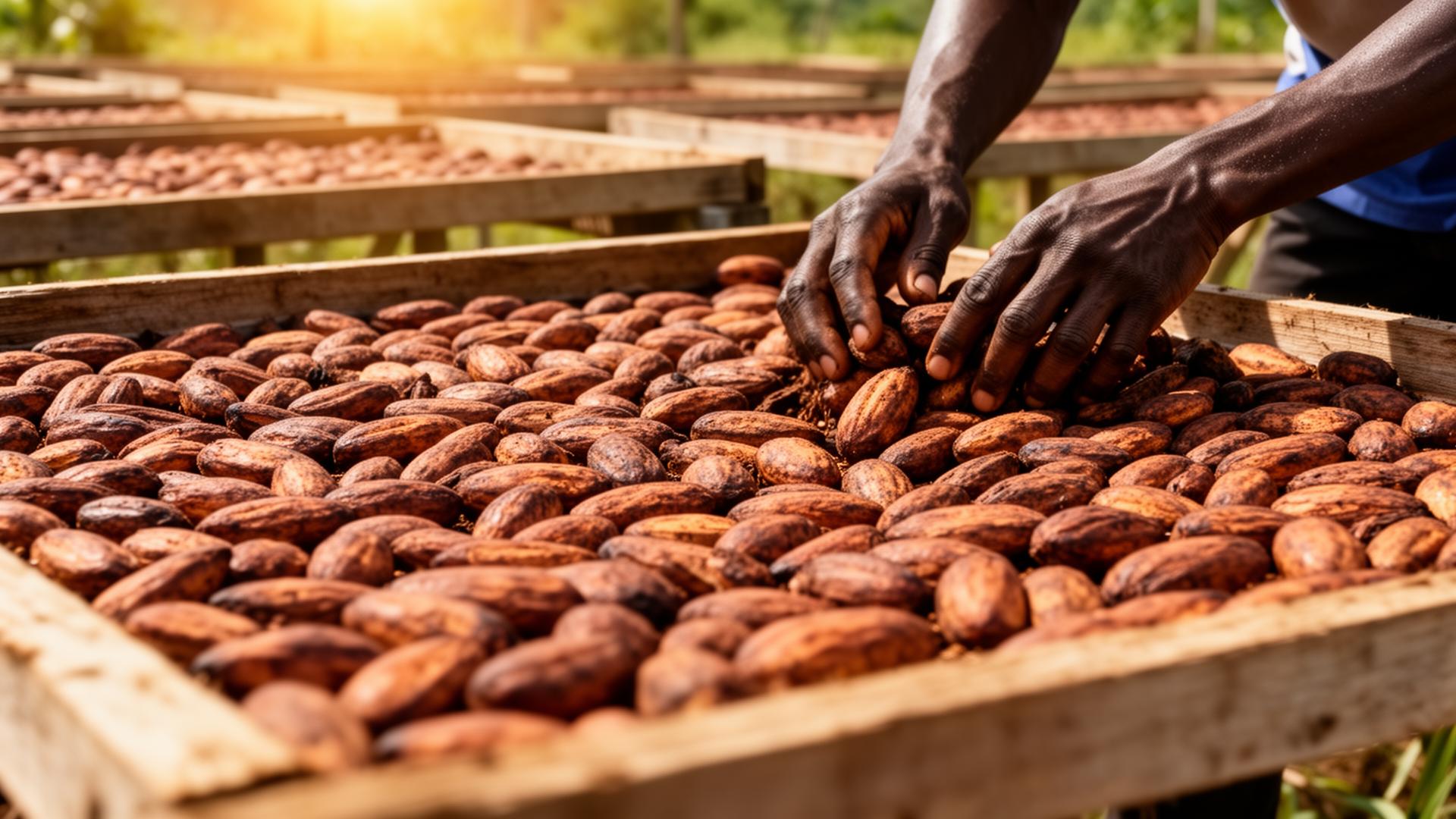 Ghanaian cocoa beans drying on raised racks
