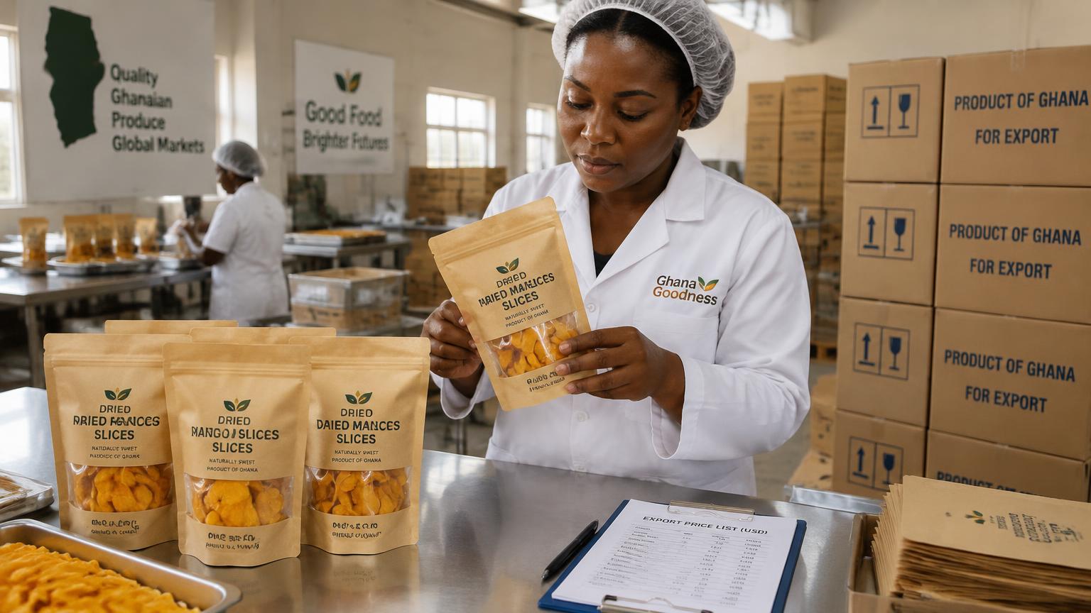 Export manager inspecting dried mango pouches beside cartons ready for export