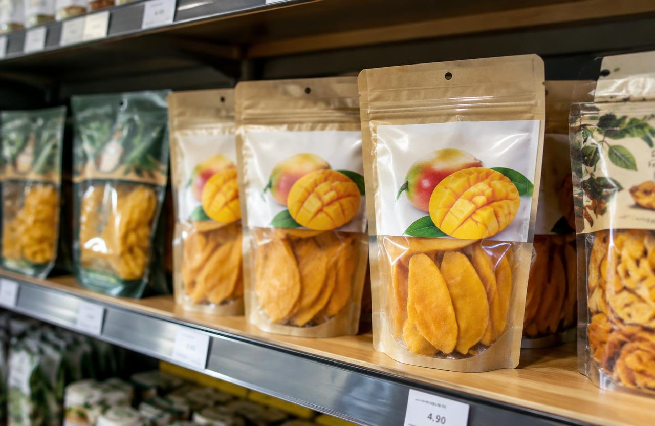 Dried mango pouches on a European organic store shelf