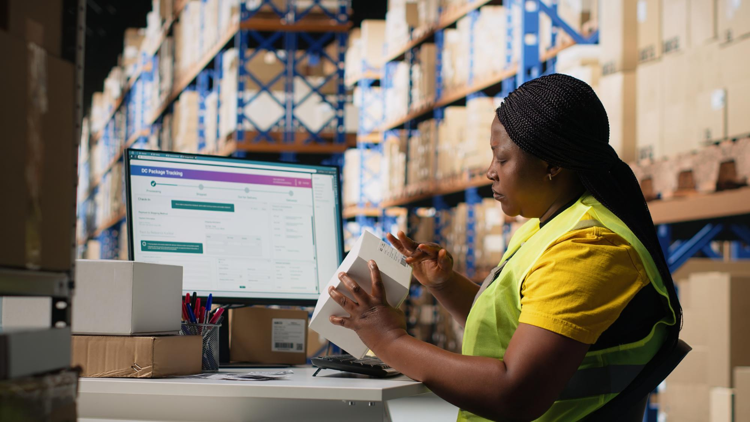 Logistics operator scanning shipments at a fulfilment hub